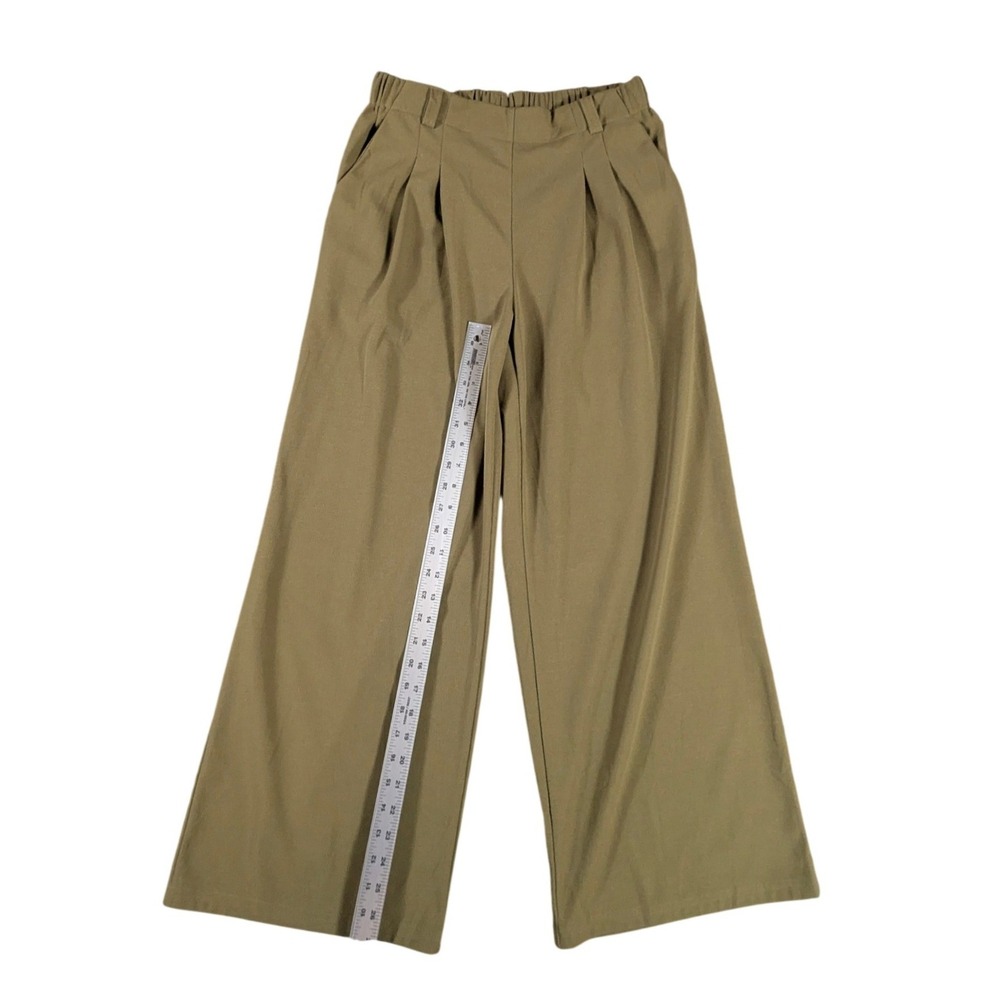 Olive Green Wide Leg Pleated Trousers Elastic Waist Minimalist Pants Medium - Picture 3 of 5